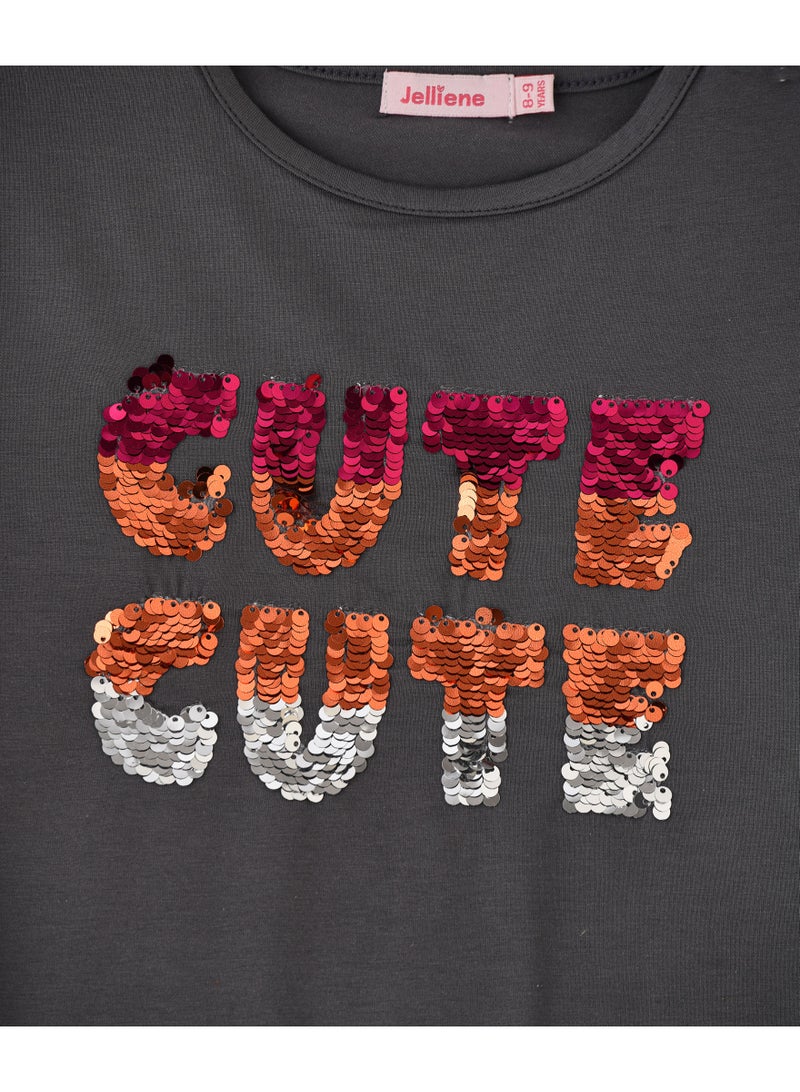 Jelliene Girls Charcoal Grey Sequin "CUTE" Tee - Image 3